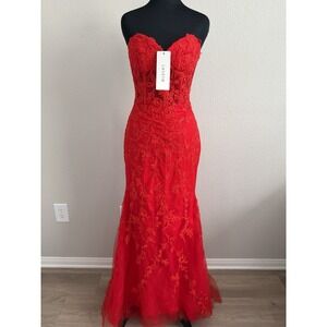Lavetir Small Red Lace Corset Mermaid Maxi Dress Strapless Formal Evening Gown